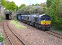DRS 66302+66434 passing through Newington with the diverted Mossend - Daventry 'Tesco' train, returning from a reversal at Millerhill on 17 May 2015.<br><br>[Bill Roberton 17/05/2015]