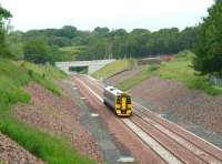 A driver training trip on the double track section of the Borders Railway just north of the former Tynehead station on 26 June 2015. ScotRail unit 158782 is on its way back from Tweedbank to Newcraighall. <br><br>[John Furnevel 26/06/2015]
