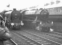 Schools class 4-4-0 30925 <I>'Cheltenham'</I> alongside WD Austerity 2-8-0 90348 at Darlington Bank Top on 13 May 1962. 30925 had arrived with the RCTS <i>East Midlander No 5</I> railtour which it had double headed with ex-LMS 2P 4-4-0 40646 from Nottingham Victoria [see image 39017]. 90348 was used to shuttle the special between Bank Top and North Road, where a works visit had been arranged. <br><br>[K A Gray 13/05/1962]