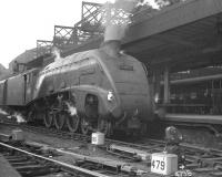 One of Gateshead shed's A4s, no 60018 <I>Sparrow Hawk</I>, has recently taken over a train at Newcastle Central on 23 June 1962. The Pacific will shortly head north with the summer Saturday 10.25am Scarborough - Glasgow Queen Street. <br><br>[K A Gray 23/06/1962]