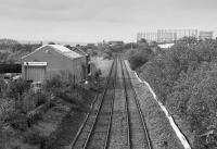 Looking west over what would become the site of the new Maryhill Station and reinstated Maryhill Park Junction for the line to Anniesland.  The unused (?) new signalbox is beyond the industrial unit to the left.<br><br>[Bill Roberton 16/09/1988]