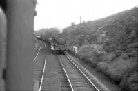 Black 5 45192 ascending the bank with a freight at Harthope in the sixties. Photographed from the footplate of a banker returning to Beattock station. <br><br>[John Robin //]