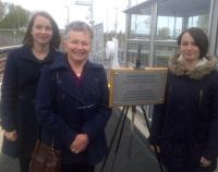 Scene at Shawfair station on 25 October 2015, where Margaret Hurst unveiled a plaque in memory of the former NBR Study Group chairman, Jeff Hurst.<br><br>[John Yellowlees 25/10/2015]