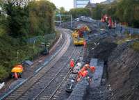 Gabion baskets being filled at the site of the new connecting line with the North Bank Electric lines during the line closure on 7th November 2015. <br><br>[Colin McDonald 07/11/2015]