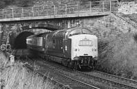 The 1400 Edinburgh - Kings Cross hauled by 9001 <I>St Paddy</I> shortly after leaving Penmanshiel Tunnel on 6 October 1969. The east portal of the tunnel can be seen in the background and the bridge carrying the old A1 crosses the line.<br><br>[Dougie Squance (Courtesy Bruce McCartney) 06/10/1969]