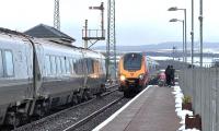 Virgin Voyager 221102 <I>John Cabot</I> pauses for signals at New Cumnock with the shuttle from Carlisle to Glasgow Central on 18 February 2016. Another Voyager approaches on the reverse working.<br><br>[Ken Browne 18/02/2016]