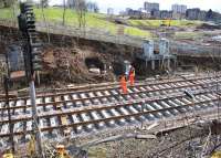Track renewal taking place between the Queen Street High Level Tunnel and Cowlairs South Junction during the period of closure of Queen Street High level station.<br><br>[Colin McDonald 29/03/2016]