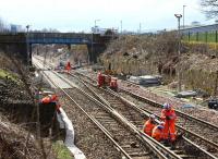 View south to the Fountainwells bridge as track renewal takes place during the period of closure of Queen Street High level.<br><br>[Colin McDonald 29/03/2016]