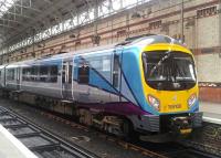 A Class 185 unit at Manchester Piccadilly sporting the new TransPennine livery. This was 1st April 2016, the launch day of the new franchise. [See news item]<br><br>[Hugh McLellan 01/04/2016]