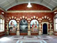 The triptych mosaic <I>Passing</I> by Ian Patience, located in the main entrance hall at Whitley Bay station and seen here in the summer of 2004. The mosaic panels have replaced ticket windows within the arches, with the former booking office beyond now occupied by <I>'Coffee Central'</I>.<br><br>[John Furnevel 10/07/2004]