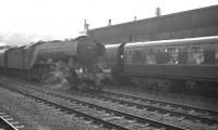 Non-stop through Doncaster on 11 April 1963, the 12.25pm Kings Cross - Newcastle Central passes a stopping train waiting at the down platform. The locomotive is A3 Pacific 60061 <I>Pretty Polly</I>. <br><br>[K A Gray 11/04/1963]
