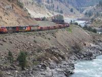As far as the eye can see - a westbound (towards Vancouver) Canadian National freight on Canadian National tracks south of Lytton shortly before swapping  riverbanks with the Canadian Pacific track.<br><br>[Mark Wringe 17/08/2013]