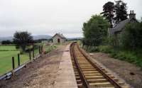 Looking along the platform at Broomhill towards Boat of Garten in August 1994 as the replica station building is being constructed and the track is being relaid.<br><br>[John McIntyre 11/08/1994]