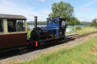 Dinorwic Hunslet <I>Holy War</I> runs through the tiny request halt at Pentrepiod without stopping on 17th September 2016. The train was heading from Llanuwchlynn to Bala alongside Bala Lake, which can be seen behind the train. <br><br>[Mark Bartlett 17/09/2016]
