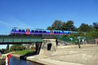 Train from Scarborough crossing the recently rebuilt bridge over the River Ouse. Taken from boat passing upriver.<br><br>[Colin Miller 18/09/2016]