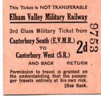 A 3rd class Elham Valley Military Railway ticket from Canterbury south (Elham Valley Military Railway) to Canterbury West (Southern Railway) and back.<br><br>[Ian Dinmore 22/09/2016]