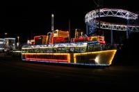 The stylish illuminated tram F736 <I>HMS Blackpool</I>, is modelled on the Royal Navy warship of the same name. It first ran in 1965, based on a 1928 <I>Pantograph</I> tram chassis. It was re-bodied in 2003 and is seen at the Pleasure Beach turning circle during the last week of the 2016 illuminations season. <br><br>[Mark Bartlett 02/11/2016]