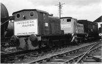 0-4-0 DM shunters parked outside Aviemore shed in March 1977. Nearest the camera is Hudswell Clarke AM no.147 and the other is a Ruston. Both had worked at Caldwell's Paper Mill at Inverkeithing prior to coming to the Strathspey Railway in the early 1970s.<br><br>[John McIntyre /04/1977]