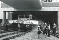 A 47 breaks a banner on the reopening of Snow Hill in 1987. The station had closed in 1972 being demolished in 1977.<br><br>[Ian Dinmore 05/10/1987]