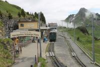 The summit station at Schynige Platte (6520'), with veteran electric No.61 <I>Enzian</I> waiting in the platform prior to descending again to Wilderswill. From this station there are views across to the Eiger, Mönch and Jungfrau mountain range.<br><br>[Mark Bartlett 21/06/2016]