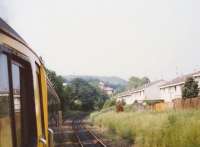 View from a diverted Birmingham train travelling around the Sub. The then recently-built houses have taken the place of sidngs. A CWR expansion joint is visible on the Up line. For details [see image 55375].<br><br>[Charlie Niven /07/1989]