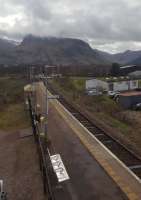 A view from the signalling centre east over Banavie station towards Ben Nevis and Fort William.<br><br>[John Yellowlees 02/04/2017]