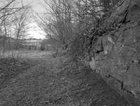 The Halbeath Waggonway served pits to the east of Dunfermline and also local industries and ran to Inverkeithing Bay, finally closing in 1867.<br>
This view looks north along the course of the waggonway towards the fence marking the boundary with the M90 motorway in 1988, over 120 years after closure. <br>
<br>
The location is close to Middleden on this <a href=http://maps.nls.uk/view/82882233 target=external>NLS map</a>.<br><br>[Bill Roberton //1988]