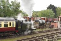 Having completed some leisurely shunting in the yard at Quorn, LMS <I>Jinty</I> 3F 0-6-0T 47406 departs for Rothley hauling a 3 coach local train. <br><br>[Peter Todd 06/05/2017]