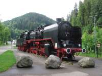 Former Deutsche Reichsbahn Class 50 No. 245 is now a static exhibit<br>
outside Triberg station on the Schwarzwaldbahn, seen here on 1st June 2017. Built<br>
in 1939, 50 245 was acquired by the Eisenbahnfreunde Zollernbahn after<br>
German reunification. Scheduled steam excursions over the spectacular<br>
central section of the railway are a regular feature of summer operations.<br>
[With thanks to Bill Jamieson for loco intelligence]<br><br>[David Spaven 01/06/2017]