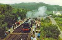 Black 5,44767, with crowd of admirers waits to pass up train at Arisaig.<br><br>[John Robin //]