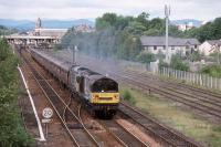 58045 and 58025 depart Perth with the return leg of the Worksop Highlander tour on  29th June 2002.<br>
<br>
<br><br>[Graeme Blair 29/06/2002]