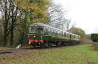 One highlight, amongst many at the East Lancs Railway <I>Scenic Railcar Gala</I>, was the debut of the resident Cravens Class 105 DMU after a 21 year restoration. The unit looked immaculate and I understand the interior is of a similarly high standard. The green power-car trailer set is seen here approaching Summerseat on 4th November 2017. [See image 21627] for a much earlier view of a Cravens at this station.<br><br>[Mark Bartlett 04/11/2017]