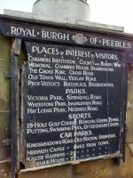 This venerable list of Peebles attractions is on the Tweed Bridge. The first-listed car park was at the CR (or 'West') station, just across the bridge. That area has long-since been built over. There's no mention of the current 'East Station car park', as it's actually called; paradoxically, there was no car park there until that station, the NB one, was history too.<br><br>[David Panton 19/10/2017]