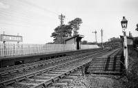 View looking south east at Pitmedden station towards Dyce in 1960, showing the timber platforms and level crossing. [Ref query 5 December 2017]<br><br>[David Murray-Smith 18/05/1960]