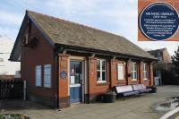 The ticket office at St Annes on 24th January 2018, the last week of rail replacement bus services before reopening to Blackpool South and Preston. The blue plaque records a little known piece of local railway history. <br>
<br>
<br><br>[Mark Bartlett 24/01/2018]