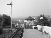 Looking west along the platform at Banavie to the signal box and swing bridge. By this date the West Highland Extension style station building was gone.<br><br>[Bill Roberton //1985]
