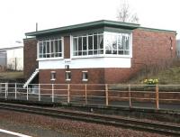 Dumfries signal box in April 2006. The box stands at the north end of the up platform.<br><br>[John Furnevel 17/04/2006]