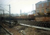 Muirhouse CE Workshops seen from passing southbound DMU. These sidings are no longer in use.<br><br>[Ewan Crawford //1988]