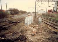 Knightswood South Junction looking south to Anniesland. The original line is to the left (just lifted, recently re-opened) and Glasgow City and District link to the right. Access by kind permission of British Rail.<br><br>[Ewan Crawford //1988]