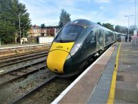 <h4><a href='/locations/H/Hereford'>Hereford</a></h4><p><small><a href='/companies/S/Shrewsbury_and_Hereford_Railway'>Shrewsbury and Hereford Railway</a></small></p><p>Having arrived earlier at platform 1 at Hereford from Paddington, 800020 moved forward south of the station to crossover and is seen here returning to platform 3 to form the 15.13 return journey to the Capital on Saturday, 26th February 2022. 4/5</p><p>26/02/2022<br><small><a href='/contributors/David_Bosher'>David Bosher</a></small></p>