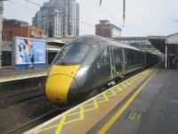 <h4><a href='/locations/S/Slough'>Slough</a></h4><p><small><a href='/companies/G/Great_Western_Railway'>Great Western Railway</a></small></p><p>800314, with a westbound fast from Paddington, passing Slough at speed on 13th April 2019. 2/5</p><p>13/04/2019<br><small><a href='/contributors/David_Bosher'>David Bosher</a></small></p>