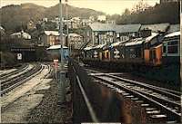 Looking south from Obans platforms with class 37 locomotives and the (second) signalbox.<br><br>[Ewan Crawford 27/12/1987]