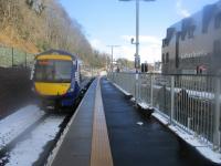 <h4><a href='/locations/G/Galashiels'>Galashiels</a></h4><p><small><a href='/companies/E/Edinburgh_and_Hawick_Railway_North_British_Railway'>Edinburgh and Hawick Railway (North British Railway)</a></small></p><p>170404, on a service from Edinburgh Waverley to Tweedbank, departing from Galashiels station on 27th February 2018 14/18</p><p>27/02/2018<br><small><a href='/contributors/David_Bosher'>David Bosher</a></small></p>