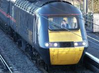 <I>'errr... Did you notice that signal by any chance...?'</I> GNER ECML express passing through Prestonpans station in January 2003.<br><br>[John Furnevel 29/01/2003]