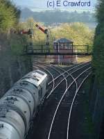 Hilton Junction looking south with an oil train passing. The line to the right runs to Stirling and the line to the left to Ladybank.<br><br>[Ewan Crawford //]