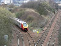 After taking the west to south curve from Slateford Junction, a Virgin Voyager is about to join the 'sub' at Craiglockhart Junction. The train will then take 'the scenic route' via Niddrie West and Portobello to enter Waverley from the east. The diversion was the result of an engineering works possession at Haymarket on Sunday 2 April 2006.<br><br>[John Furnevel 02/04/2006]