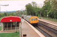 1985. Second Bridge of Allan station opens. Driver slightly overshoots platform.<br><br>[Brian Forbes //1985]