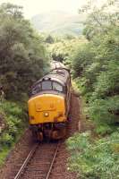 37404 hauls the Royal Scotsman in its early days. The locomotive has just finished the hard run to Glen Douglas and is now taking the tight corner (note checkrail) round to run above Loch Long.<br><br>[Ewan Crawford //1990]