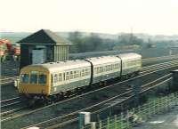 A local 101 passes Cadder East Signal Box heading east.<br><br>[Brian Forbes //1986]