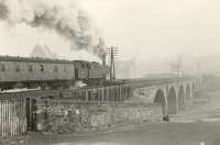 Last day of passenger service between Kilmacolm and Princes Pier. Very foggy. Cartsburn Viaduct and junction. 42240 on 1.30pm up.<br><br>[G H Robin collection by courtesy of the Mitchell Library, Glasgow 31/01/1959]